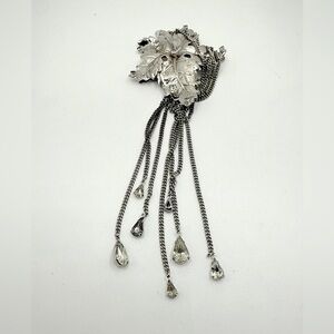 Vntg Signed Michael Paul Unique Silvertone Flower Crystal Dangling Hair Clip 7in